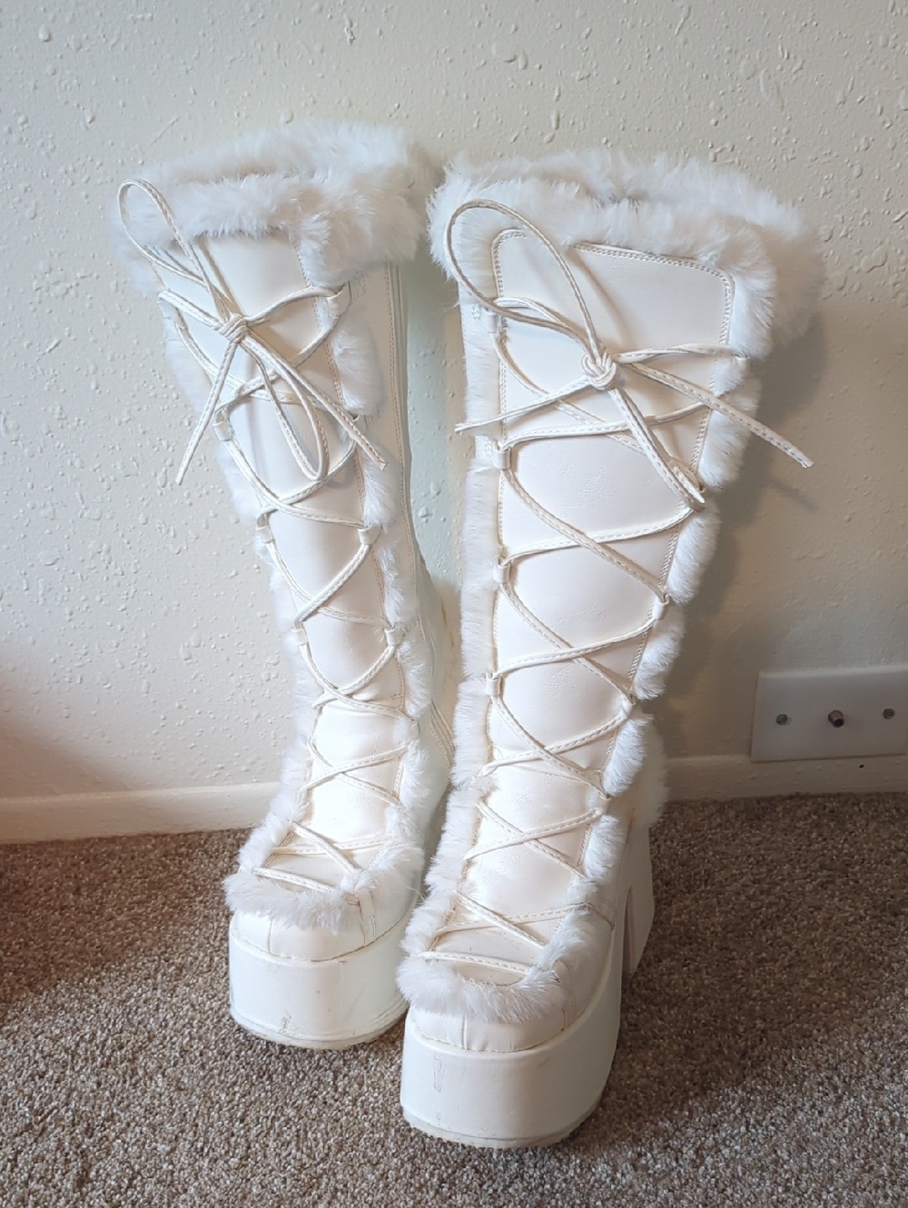 Demonia Camel-311 White Knee High Platform Boots